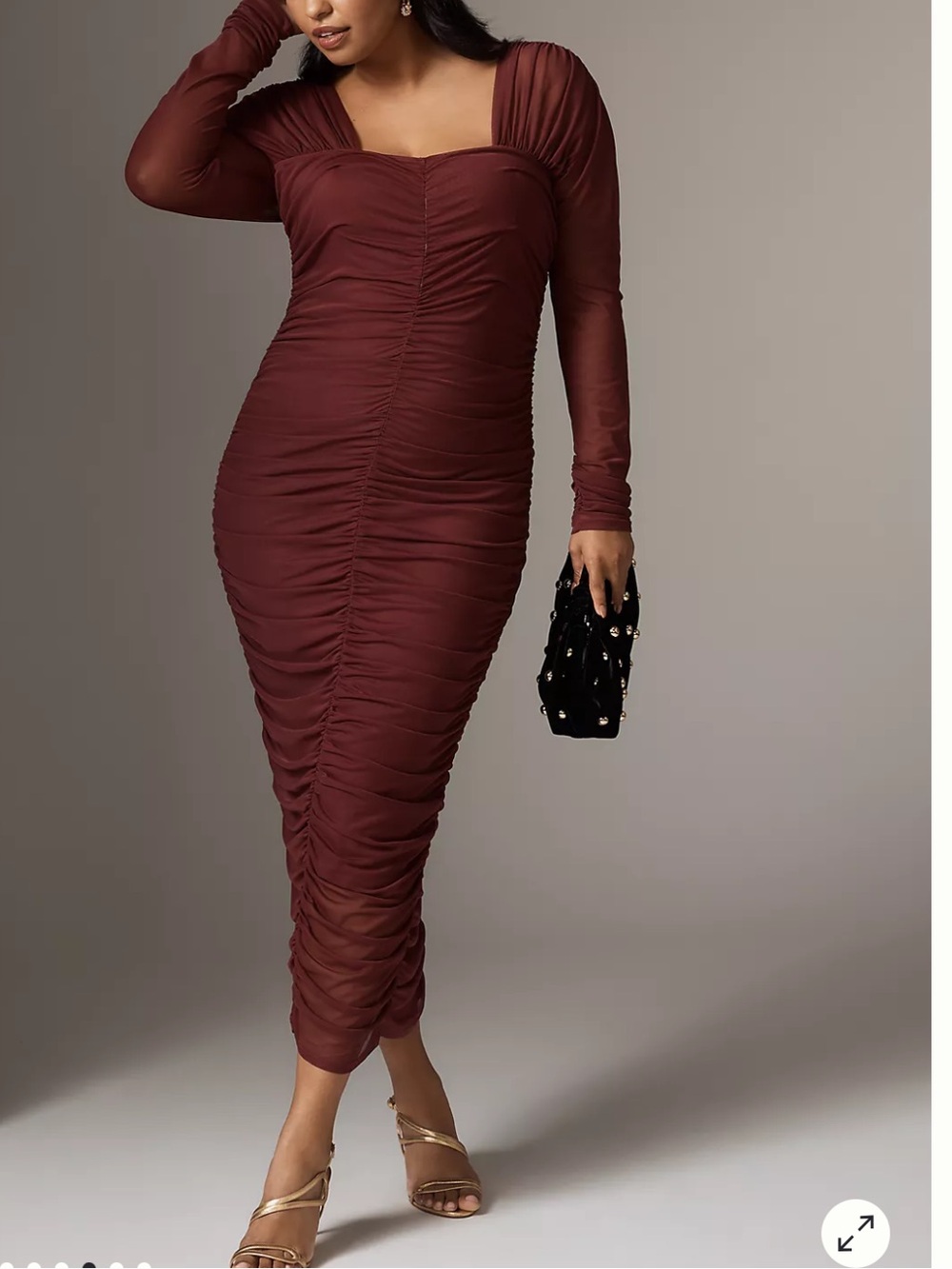 By Anthropologie Square Neck Ruched Slim Burgundy MIDI Dress XS